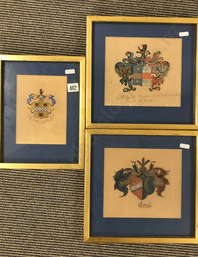 Three Framed Original Works of Family Crests Image 1++