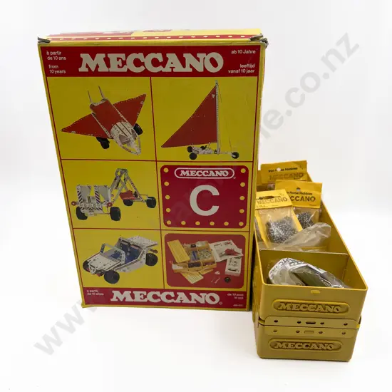 Six Meccano Yellow Tin and Plastic Work Boxes