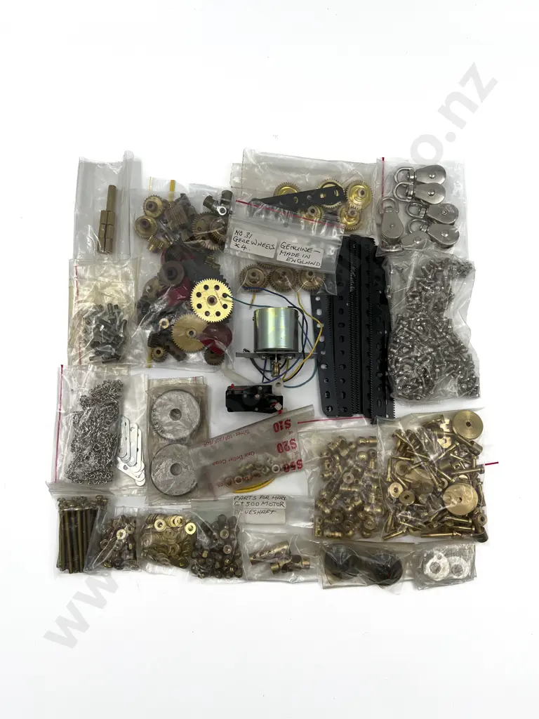 Qty Meccano Assorted Mainly Brass Gears with Screws Hooks and Motor Image 1++