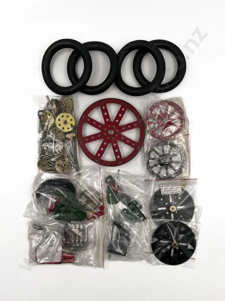 Qty Meccano Assorted Mainly Red Plates with Gears and Set Wheels Image 1++