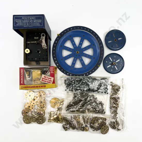 Meccano Qty Brass Gears with Boxed No1 Clockwork Motor and 6 Ratio Gearbox and DC Motor