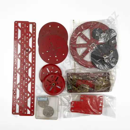 Meccano Qty Assorted Plates and Gears in Red with shovel