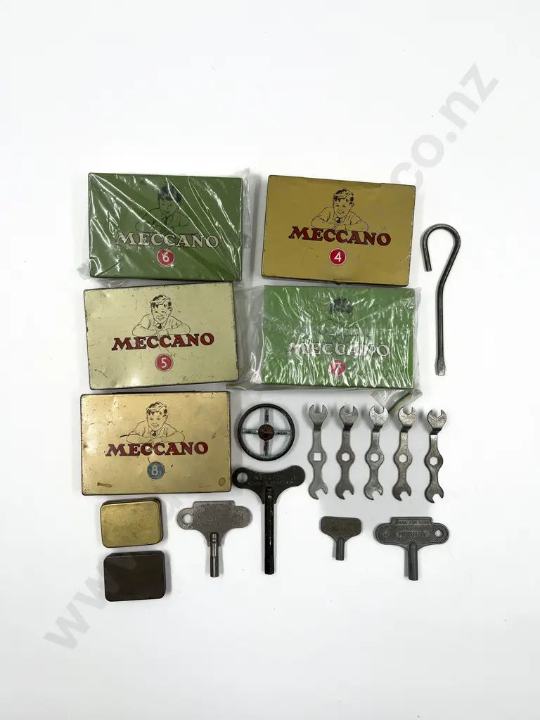 Meccano Tins 4 - 8 with Clockwork Keys and Meccano Spanners Image 1++