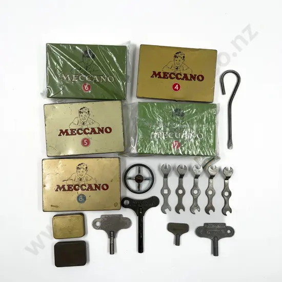 Meccano Tins 4 - 8 with Clockwork Keys and Meccano Spanners