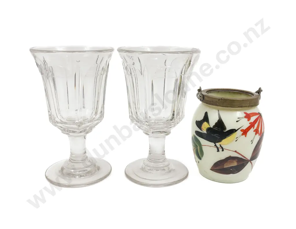 Pair of Victorian Pressed Glass Goblets and Hand Painted Opaque Glass Biscuit Barrell (No Lid) Image 1++