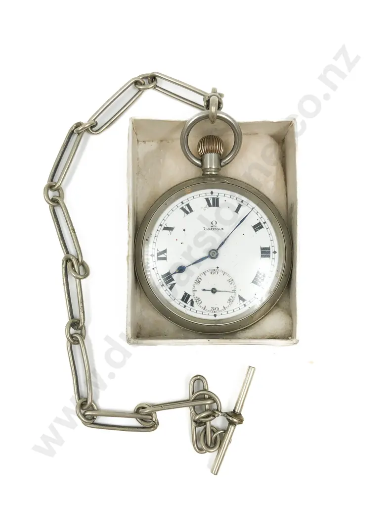 Chrome Plated Omega Pocket Watch and Chain Image 1++