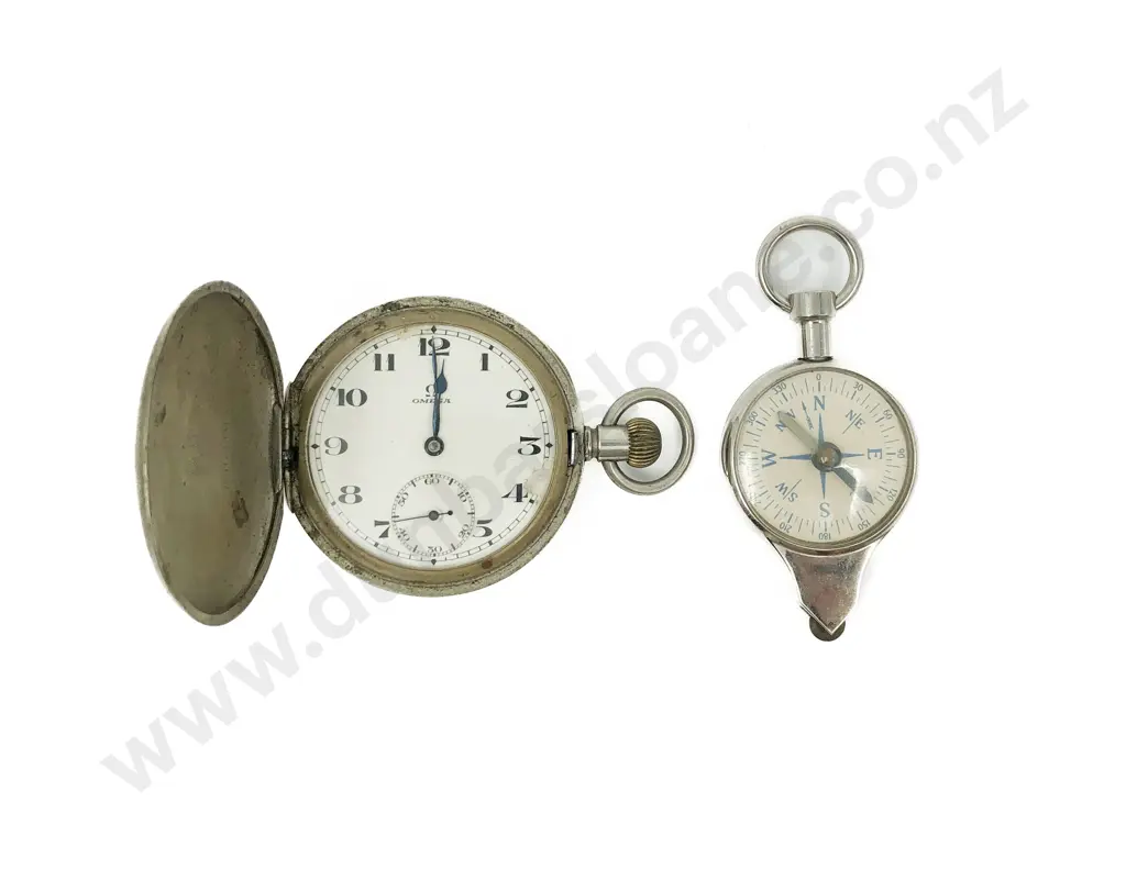 Chrome Plated Omega Pocket Watch with Vintage Pocket Compass Image 1++