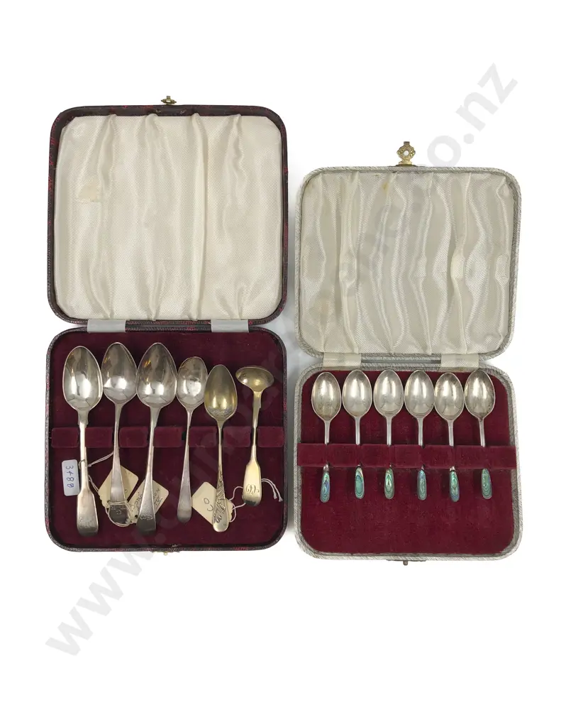 Cased Set of Six Paua and S/S Teaspoons Together with Six other Assorted S/S Spoons Image 1++