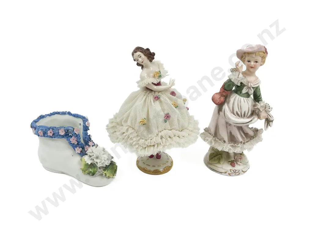 Dresden Figurine with Other Unmarked Figure and Boot Shaped Posy Vase Image 1++