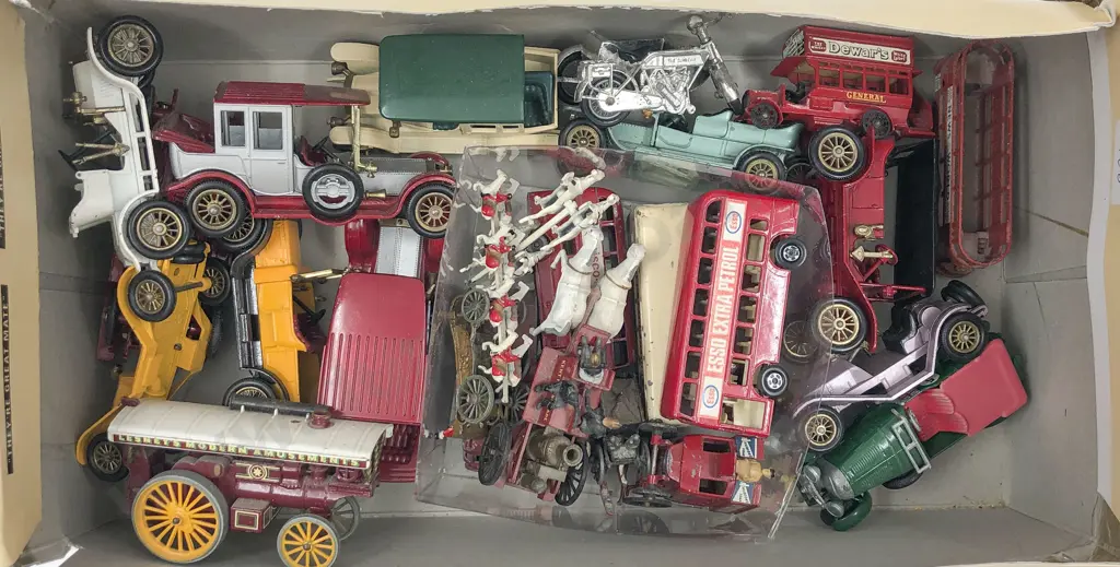 Box of Assorted Model Cars and Lead Horse and Carriage Image 1++