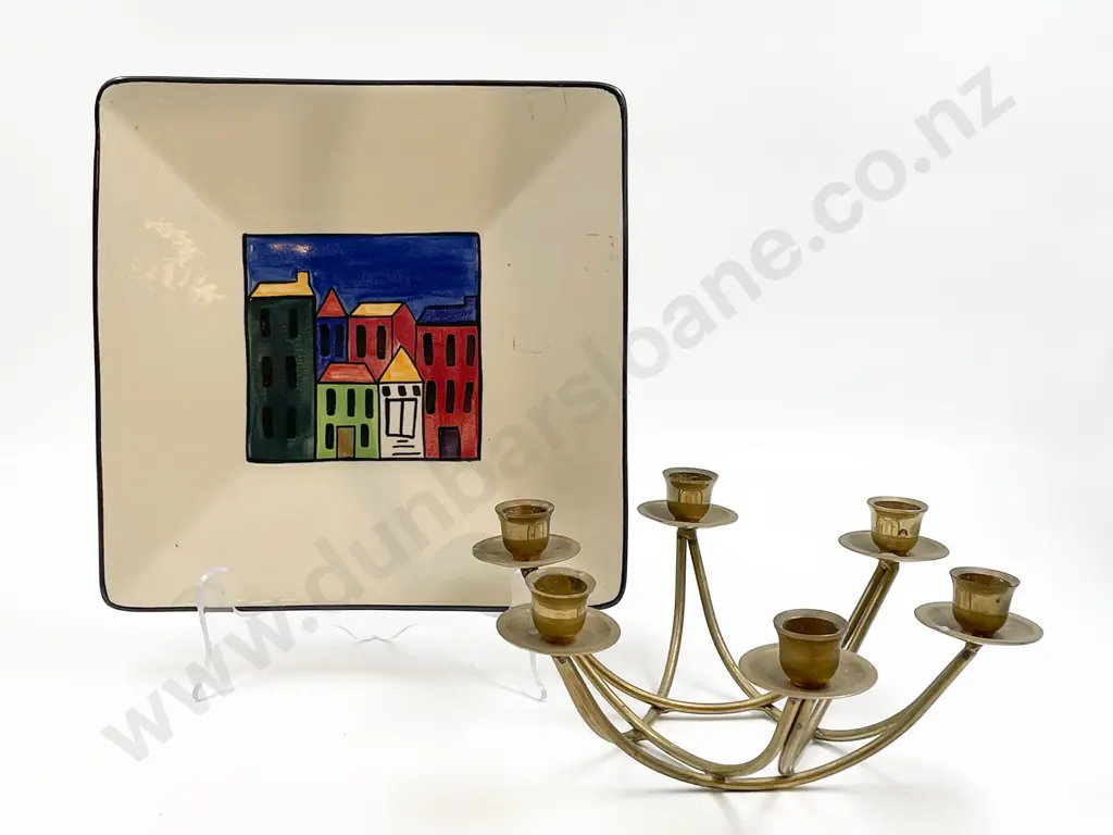 Temuka Pottery Square Plate Together With Brass Candelabra Image 1++