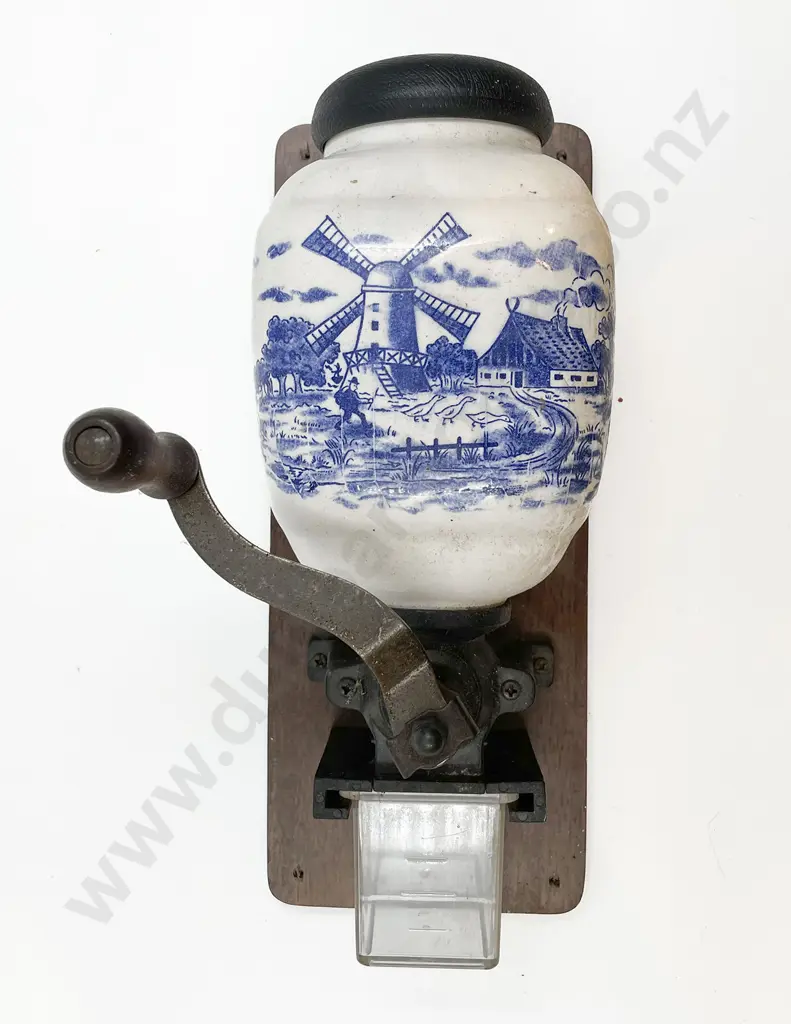 Vintage Blue and White Wall Hanging Coffee Grinder Image 1++