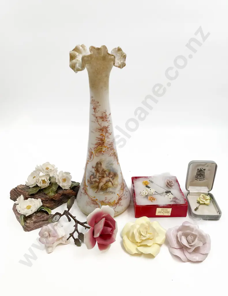 Milk Glass Vase Together With Qty of NZ Hereford and Capodimonte Flower Ornaments Image 1++