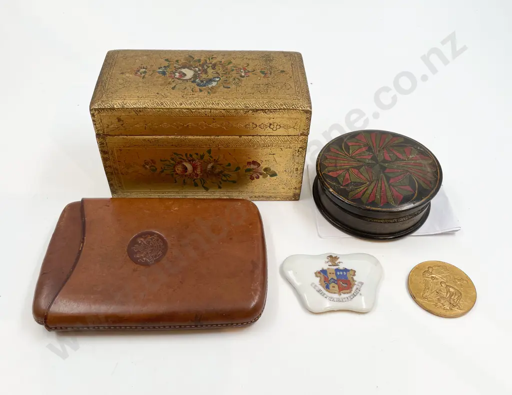Assorted Incl. Cigarette Box and Leather Cigar Case together with Painted Fruitwood Box Etc. Image 1++