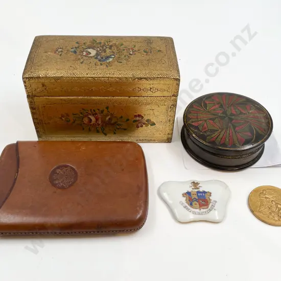 Assorted Incl. Cigarette Box and Leather Cigar Case together with Painted Fruitwood Box Etc.