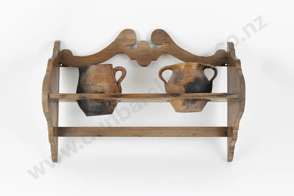 Rustic Antique Spanish Pine Wall Shelf With Terracotta Jug & Bowl Image 1++