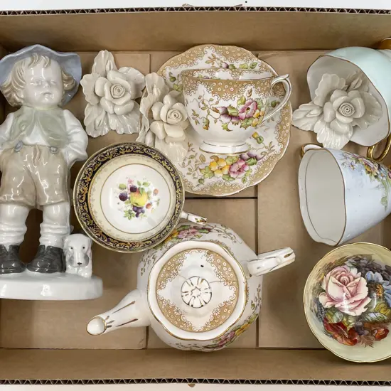 Box of Assorted Fancy China and Floral Ornaments