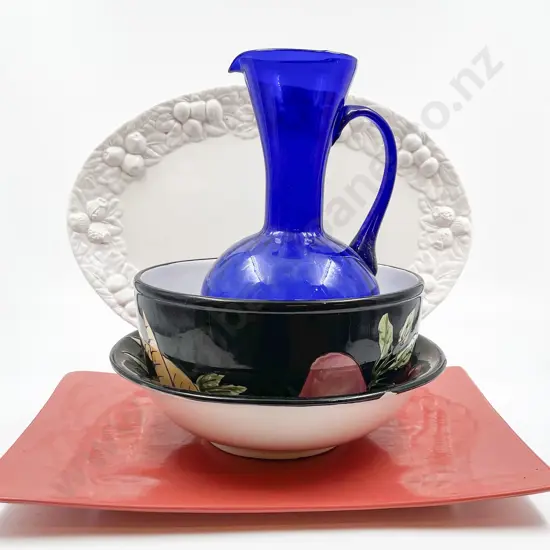 Quantity of Assorted Platters and Fruit Bowls Together With Blue Glass Jug
