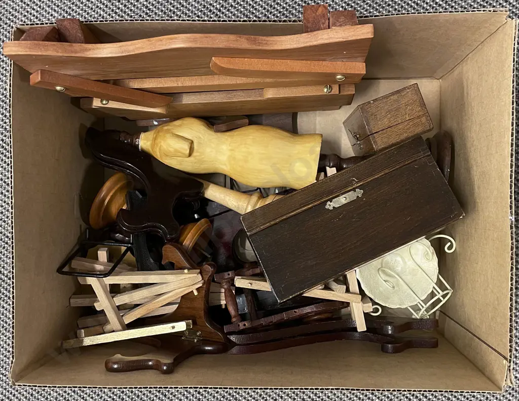 Box of Assorted Woodware Incl. Plate Stands and Jewellery Boxes Etc. Image 1++