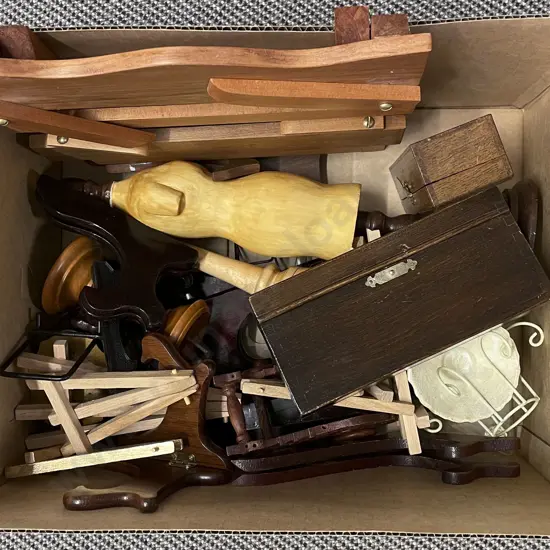 Box of Assorted Woodware Incl. Plate Stands and Jewellery Boxes Etc.