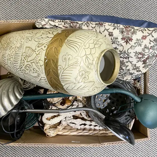 Box of Assorted Lamps and Vases Etc.