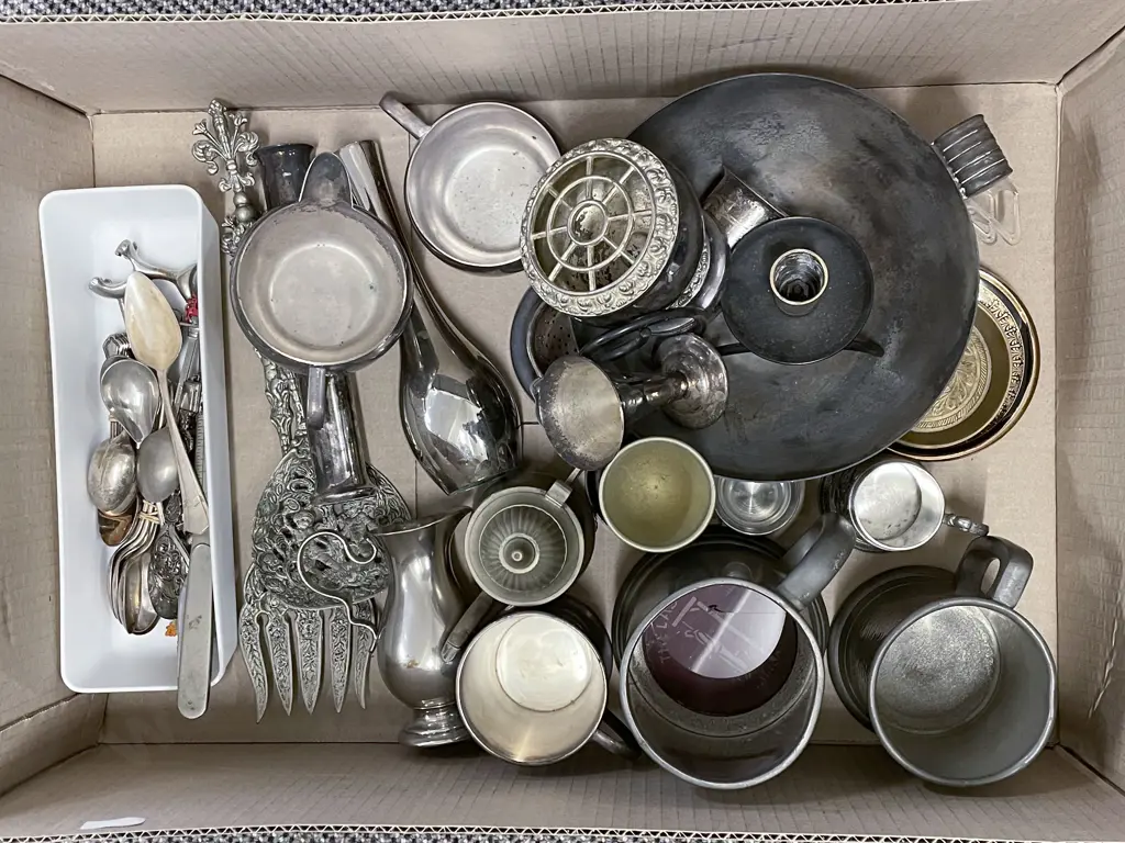 Box of Pewter and S/P Together With Assorted Cutlery Image 1++