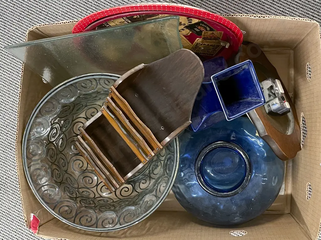 Box of Assorted Incl. Blue Glass Vase Etc. Image 1++