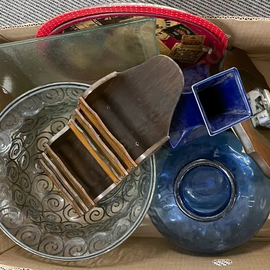 Box of Assorted Incl. Blue Glass Vase Etc.
