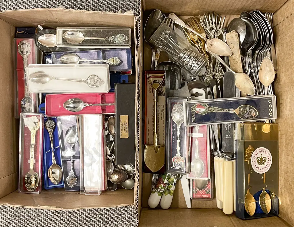 Two Boxes of Assorted Cutlery Together With Quantity of Souvenir Spoons Image 1++