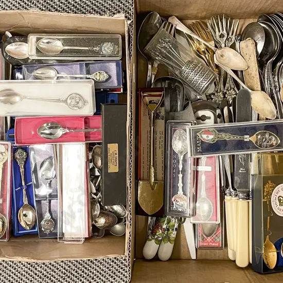 Two Boxes of Assorted Cutlery Together With Quantity of Souvenir Spoons