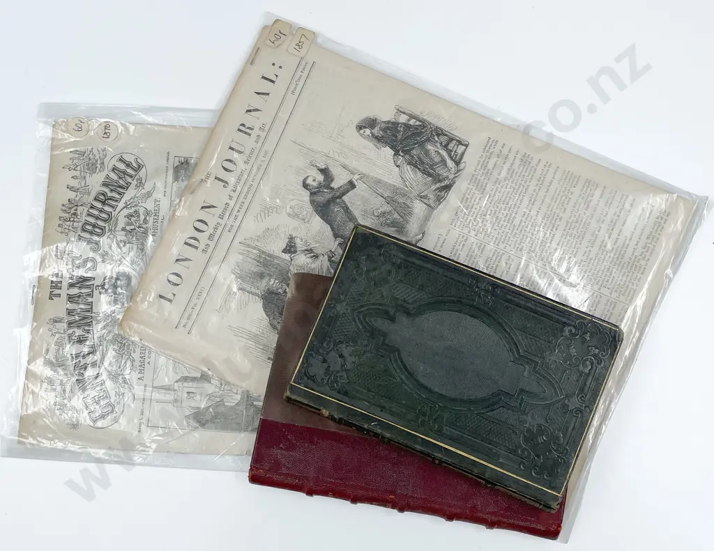 Two French Leather Bound Books Together With Two Newspapers Image 1++