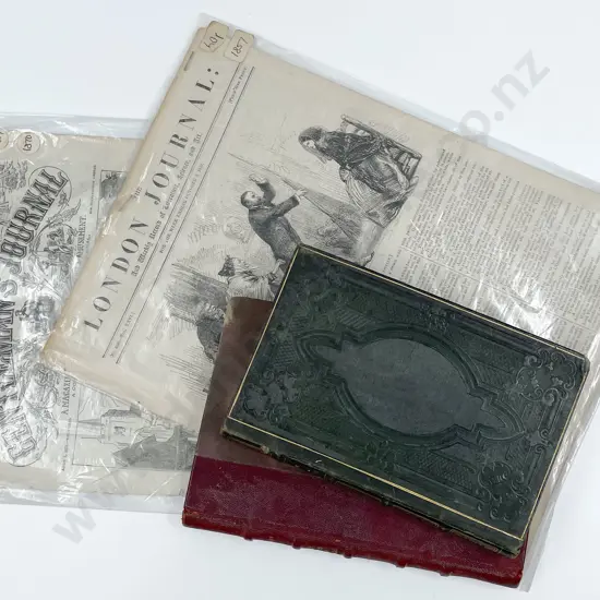 Two French Leather Bound Books Together With Two Newspapers