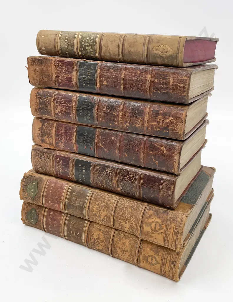 Box of Seven Assorted Leather Bound Books Incl. Dickens and Plutarch Image 1++