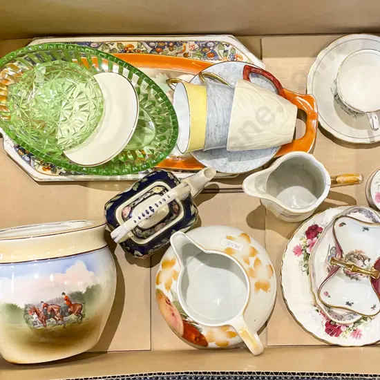 Box of Assorted China and Pressed Glass
