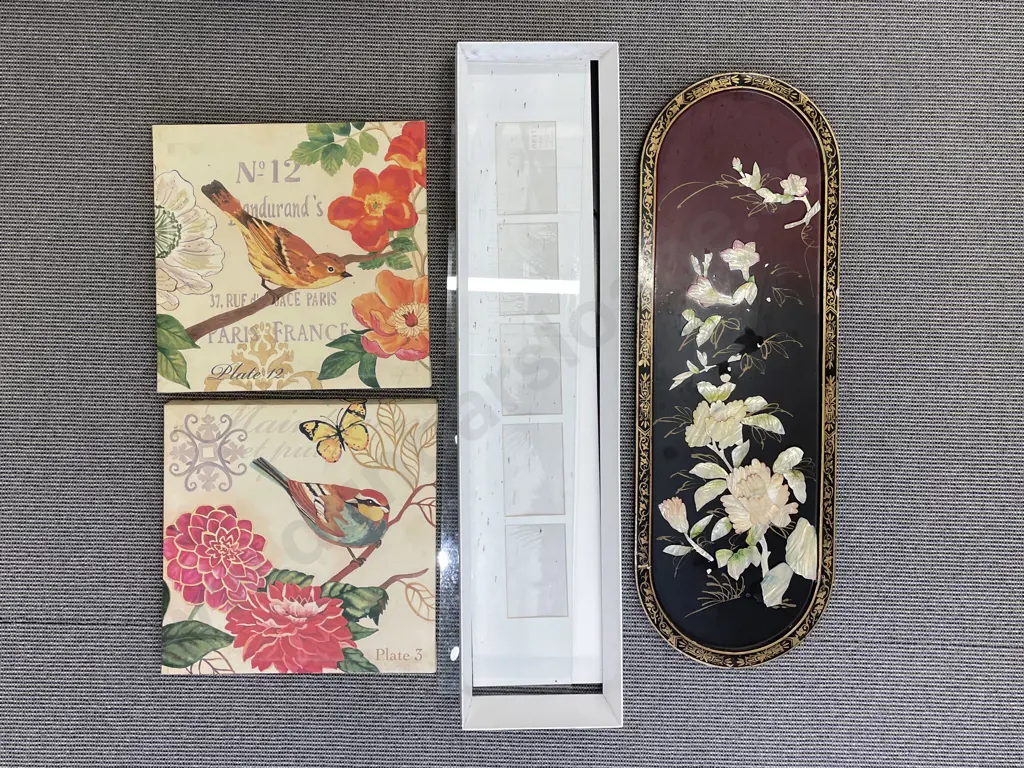 Lacquered Panel together with Pair of Decorative Artworks and Rectangular Picture Frame Image 1++