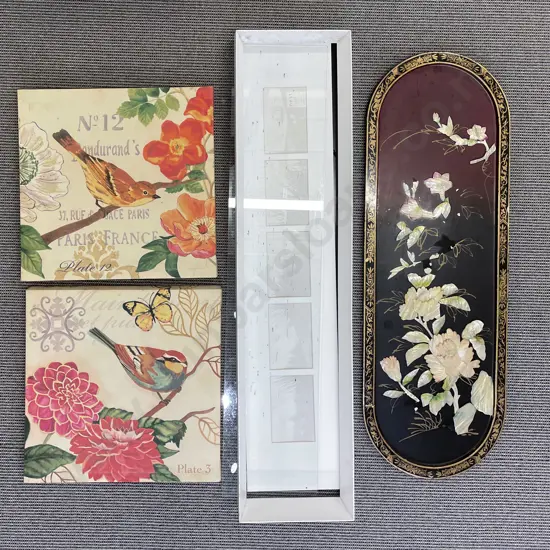 Lacquered Panel together with Pair of Decorative Artworks and Rectangular Picture Frame