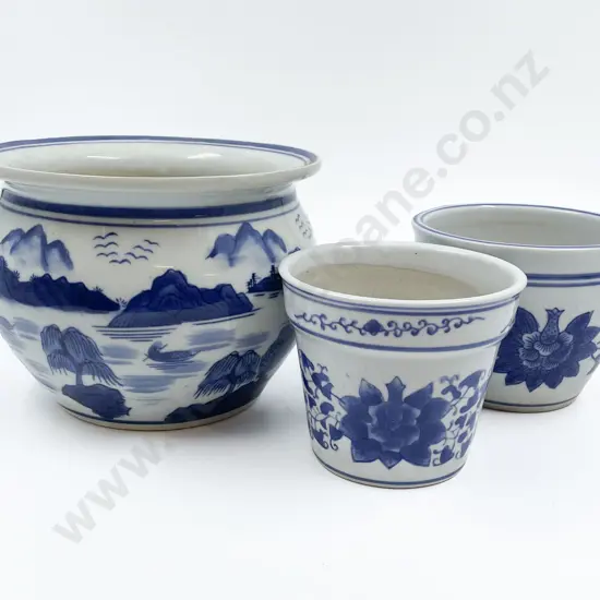 Blue and White Planter with Two Smaller