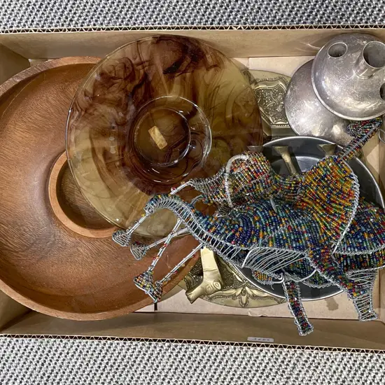 Box of Assorted Including Animal Ornaments and Metal ware