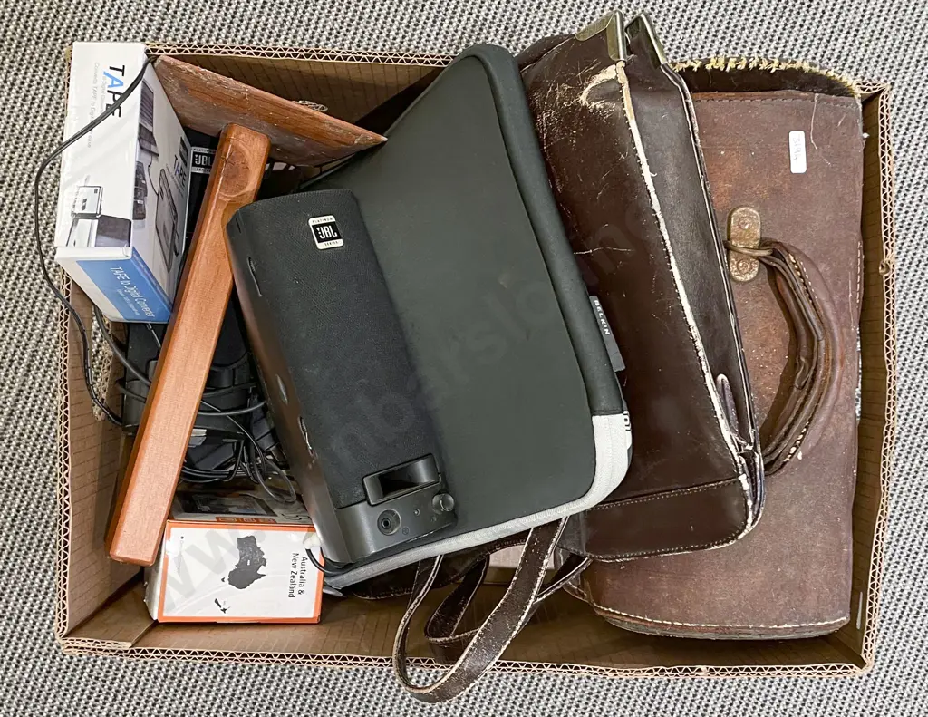 Box of Assorted Including Leather Bags and Electronics Etc Image 1++