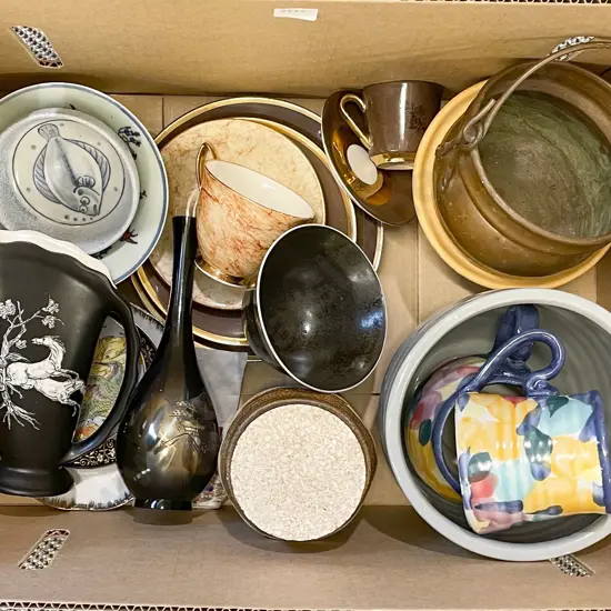 Box of Assorted Pottery and China Together with Small Copper Pot