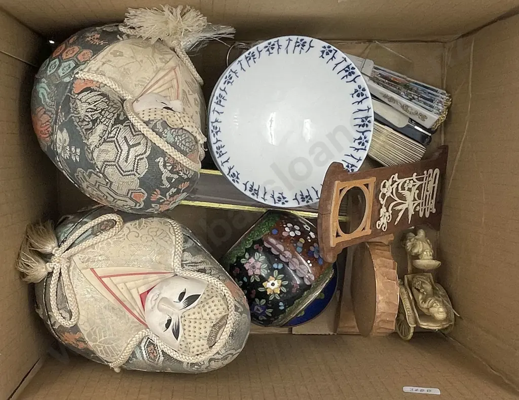 Box of Assorted Asian Items Including Fans Image 1++