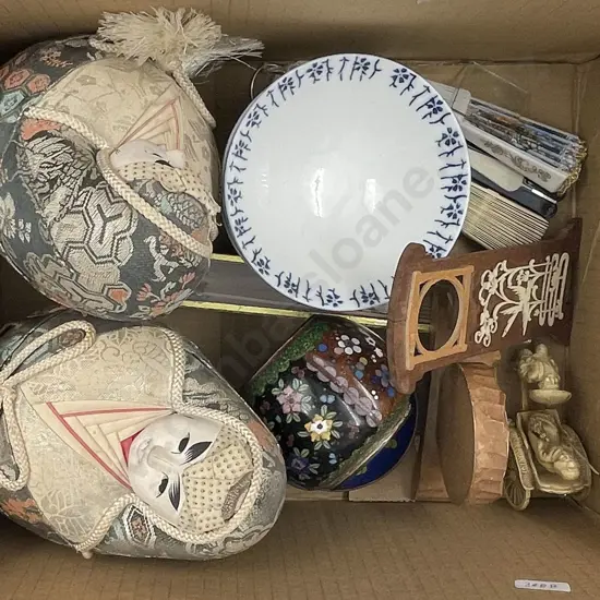 Box of Assorted Asian Items Including Fans