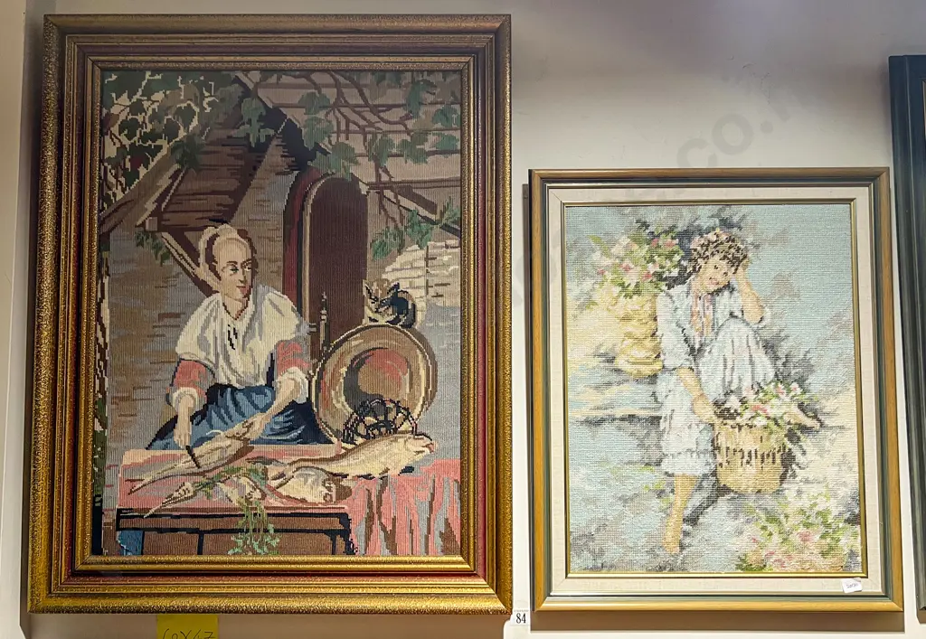 Two China Figures Together with Two Framed Tapestries Image 1++