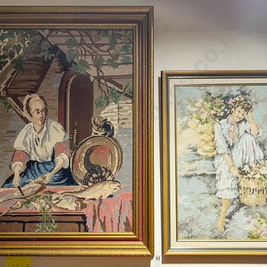 Two China Figures Together with Two Framed Tapestries
