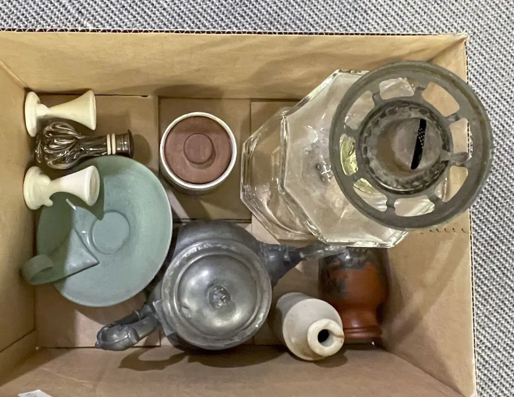 Box of Assorted Including Pressed Glass Kerosene Lamp Image 1++