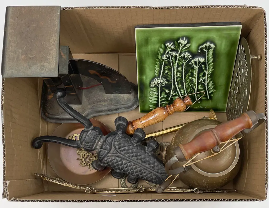 Box of Assorted Metal Ware including Vintage Boot Scraper and Trivet Image 1++