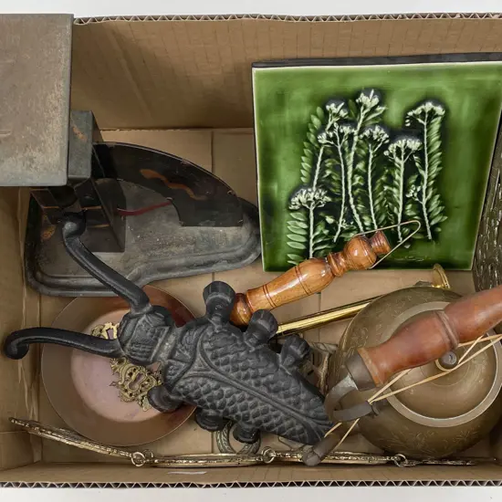 Box of Assorted Metal Ware including Vintage Boot Scraper and Trivet