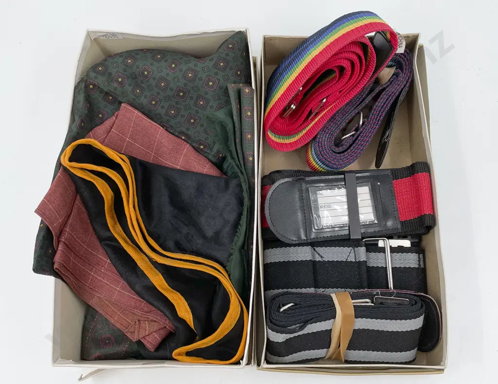 Two Boxes of Assorted Cravats/Scarves and Luggage Traps Image 1++