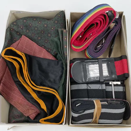 Two Boxes of Assorted Cravats/Scarves and Luggage Traps
