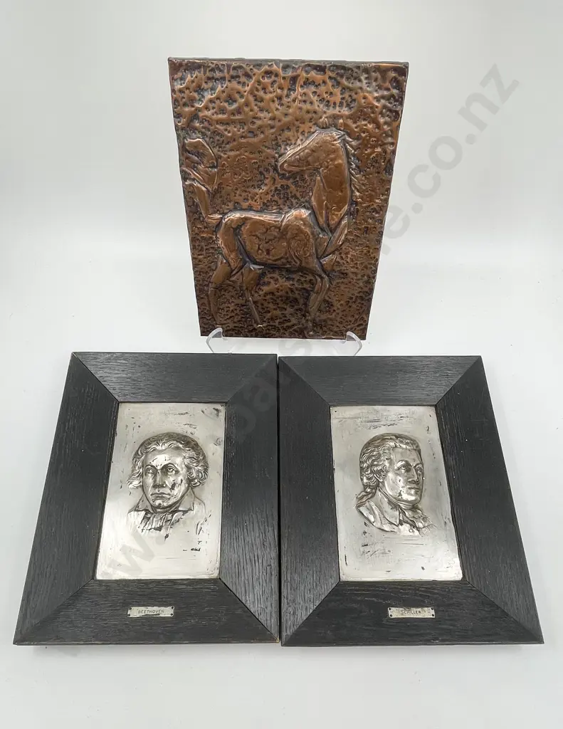 Two Relief Molded Works of Classical Musicians together with Copper Panel Work Image 1++